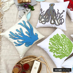 Coral Treasure - Aqua Blue Cotton Linen Throw Cushion Cover