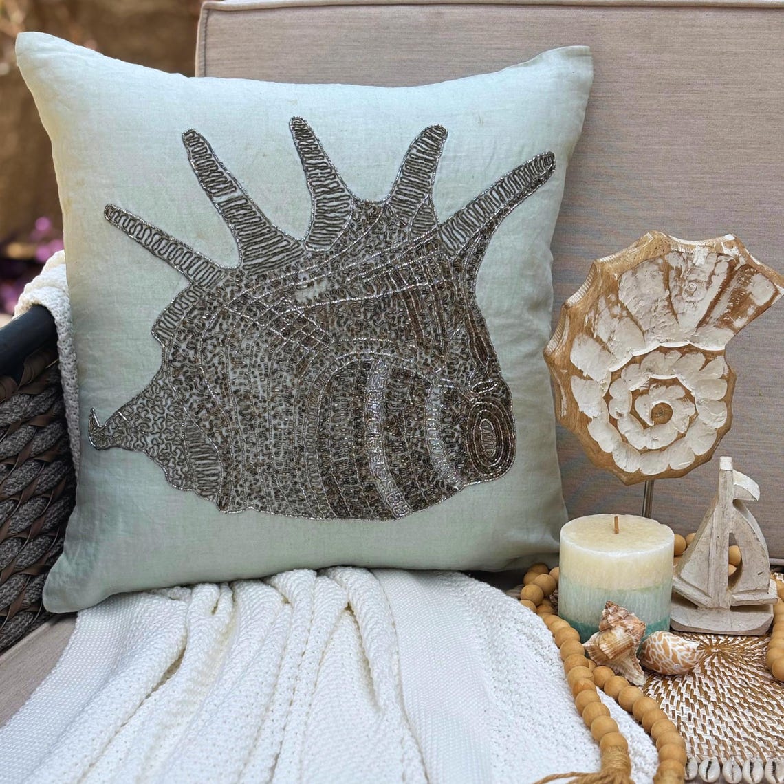 Lone Shell - Light Blue Cotton Linen Decorative Euro Sham