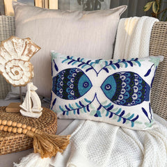 Fish Tales - Silk Blue Decorative Lumbar Cushion Cover