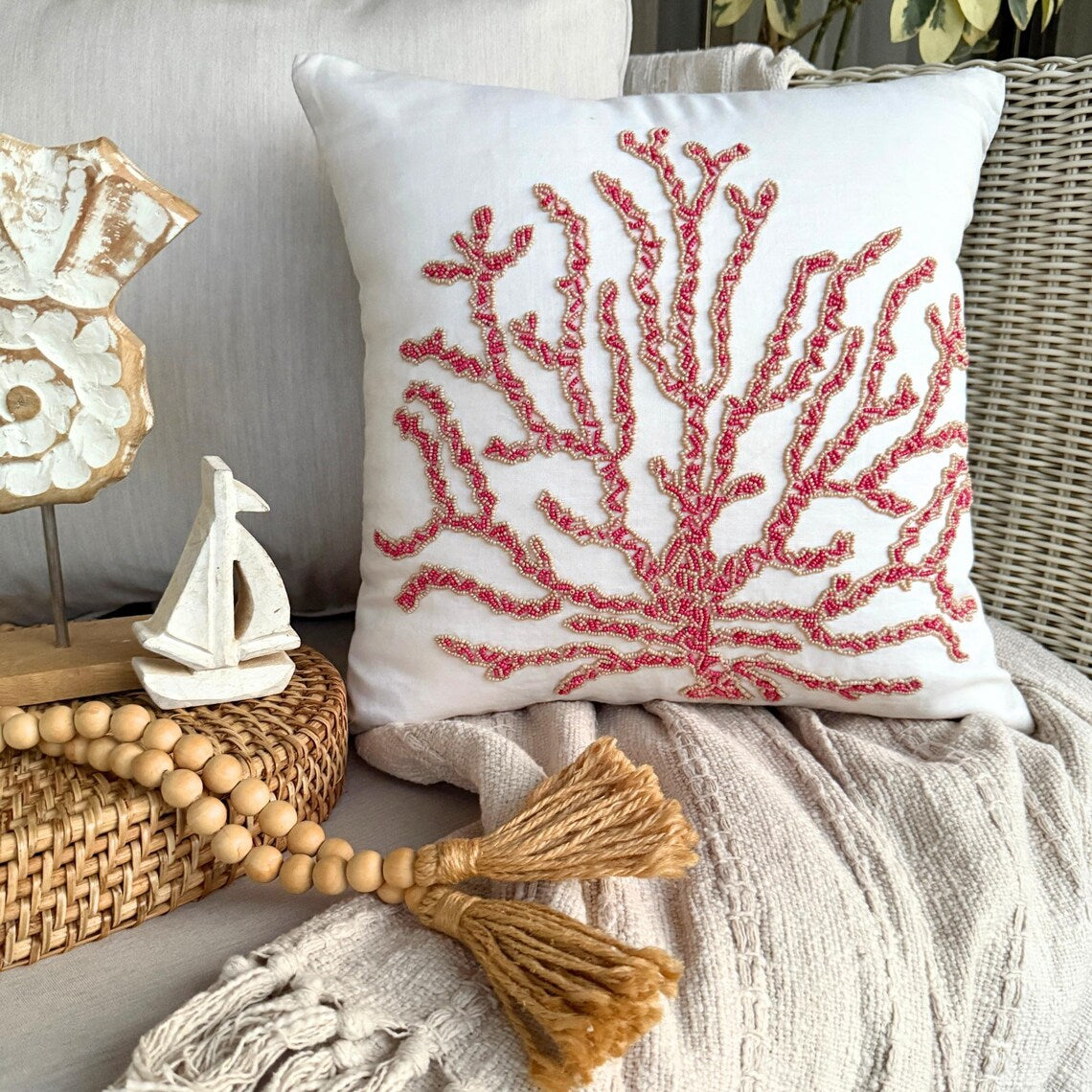 Coral Secrets - Red Cotton Linen Throw Cushion Cover