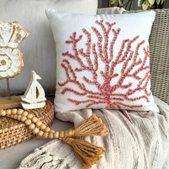 Coral Secrets - Red Cotton Linen Throw Cushion Cover