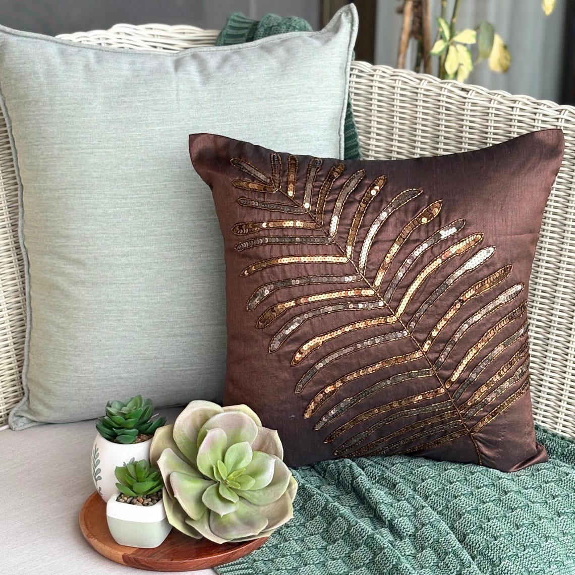 Brown Leaf Sequins Decorative Euro Sham