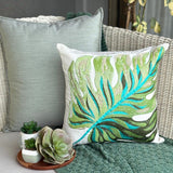 Monstera Leaf - Green Linen Throw Pillow Cover