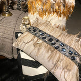 Rhinestone Feathers - Beige Linen Lumbar Pillow Cover