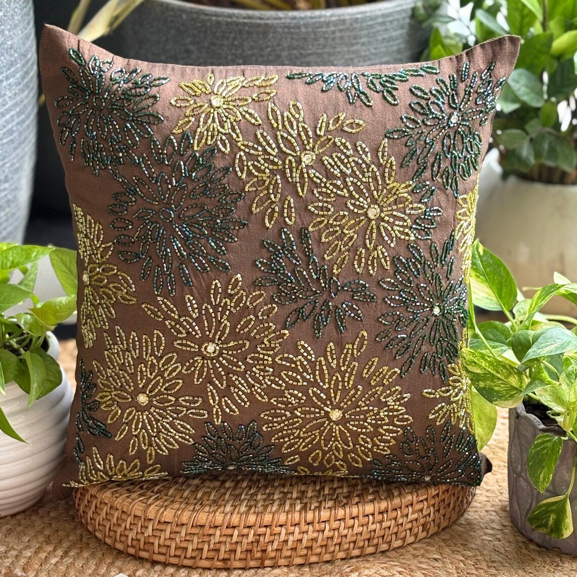 Floral Spark - Brown Art Silk Decorative Euro Sham