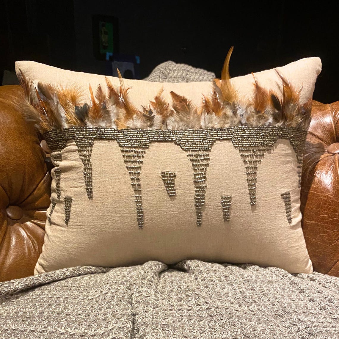 Feather Beads - Beige Linen Lumbar Cushion Cover