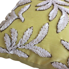 White Leaves - Yellow Art Silk Throw Pillow Cover