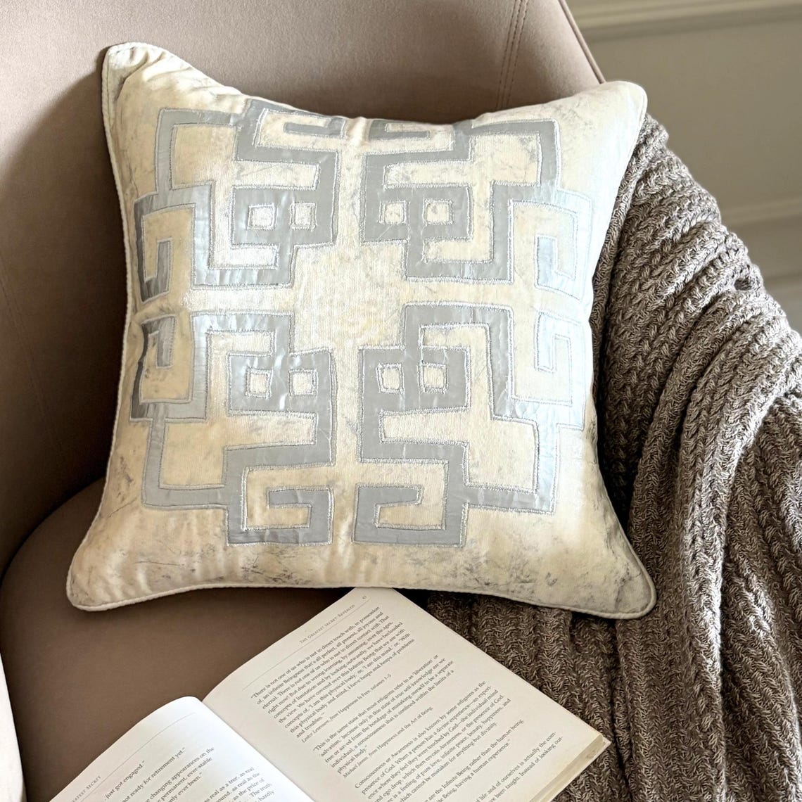 Greek Irene Ivory Velvet Throw Cushion Cover
