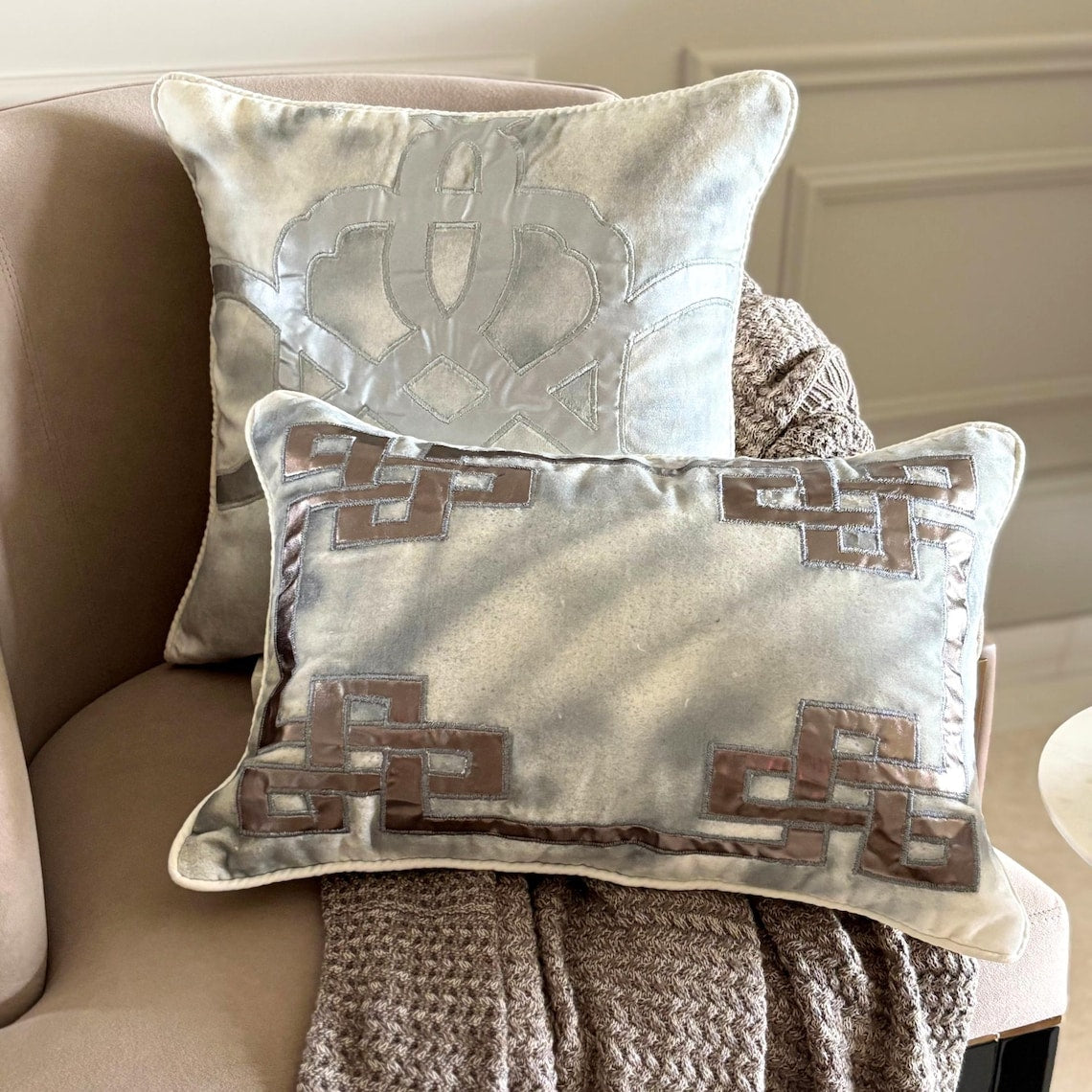 Greek Electra Ivory Velvet Geometric Throw Cushion Cover