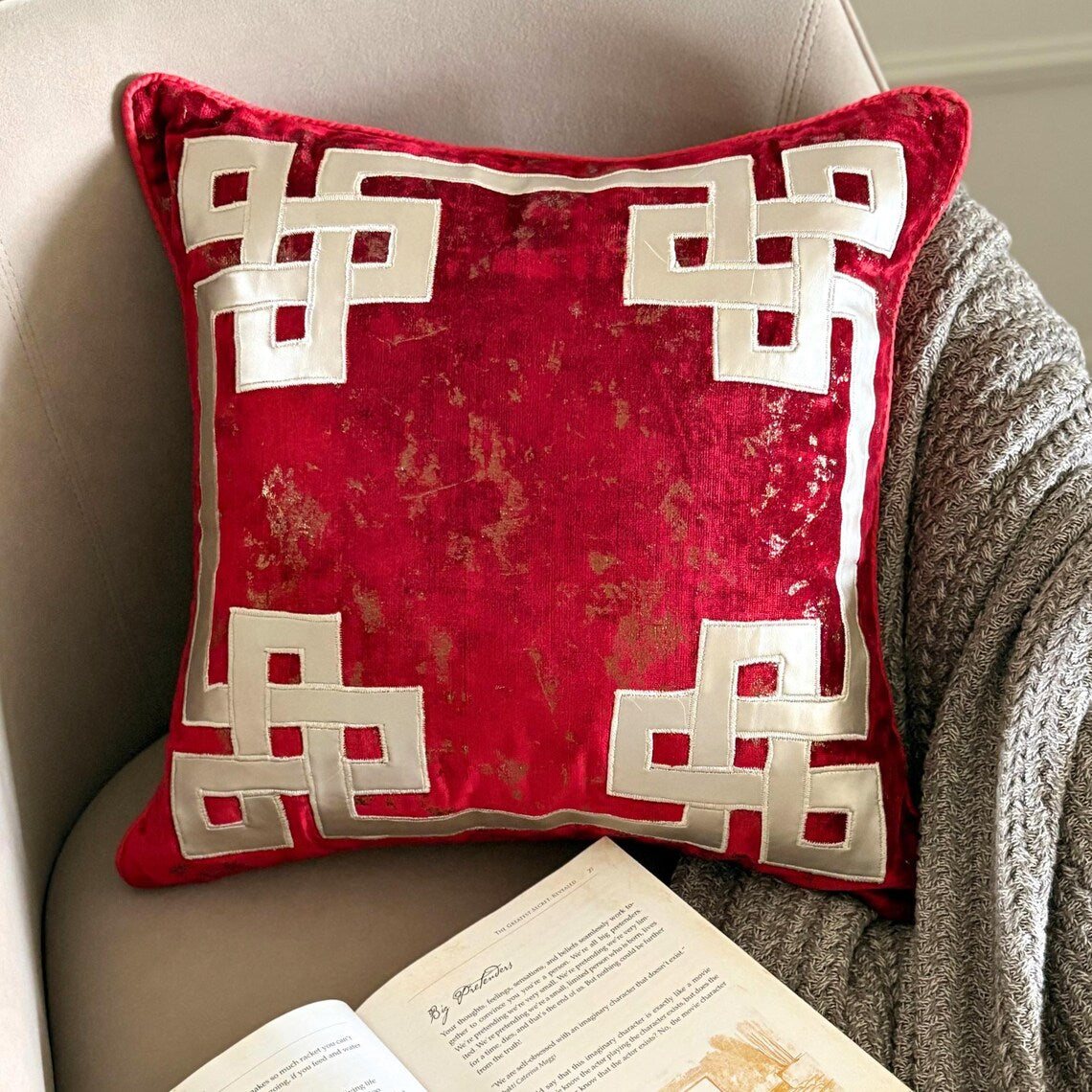 Greek Frame Red Velvet Geometric Euro Sham Cover