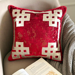 Greek Frame Red Velvet Geometric Throw Cushion Cover