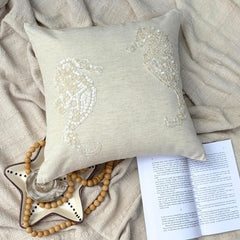 Sea Horse Pearls - Natural Beige Cotton Linen Throw Pillow Cover