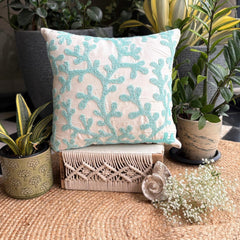 Sea Weeds - Aqua Blue & White Art Silk Decorative Euro Sham