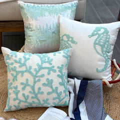 Sea Weeds - Aqua Blue & White Art Silk Decorative Euro Sham