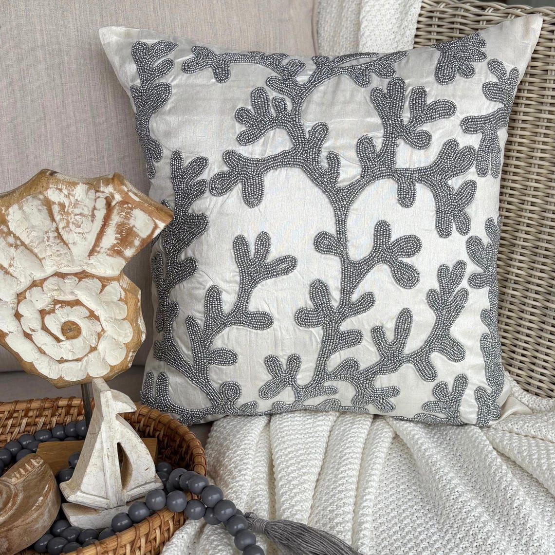 Silver Coral - Silver & White Art Silk Decorative Euro Sham