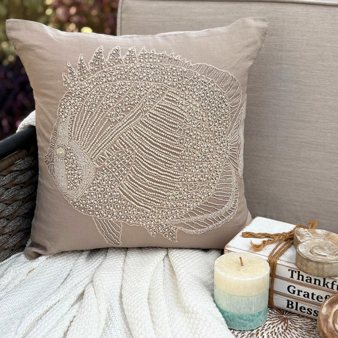 Butterfly Fish - Mocha Cotton Linen Throw Pillow Cover