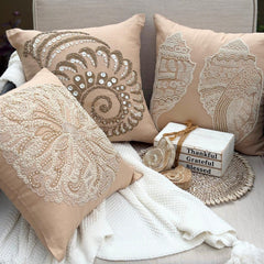 Shell Mates - Beige Cotton Linen Throw Pillow Cover