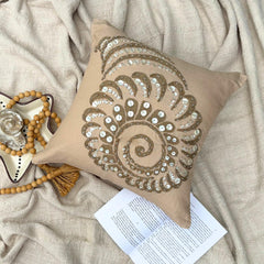 Shell Burst - Beige Cotton Linen Throw Pillow Cover