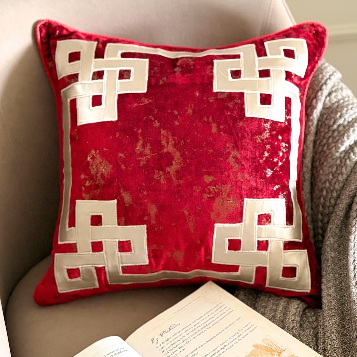 Greek Frame Red Velvet Euro Sham Cover