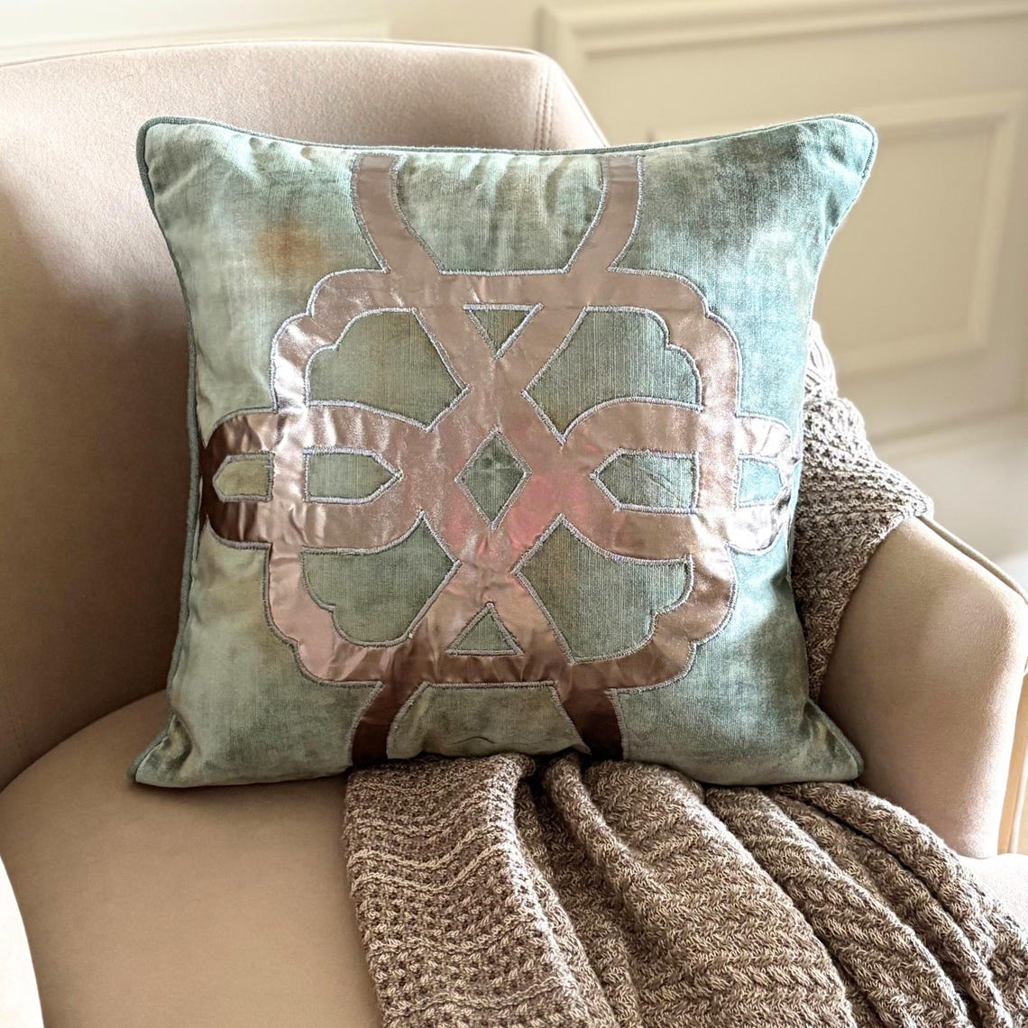 Greek Brizo Teal Blue Applique Throw Cushion Cover