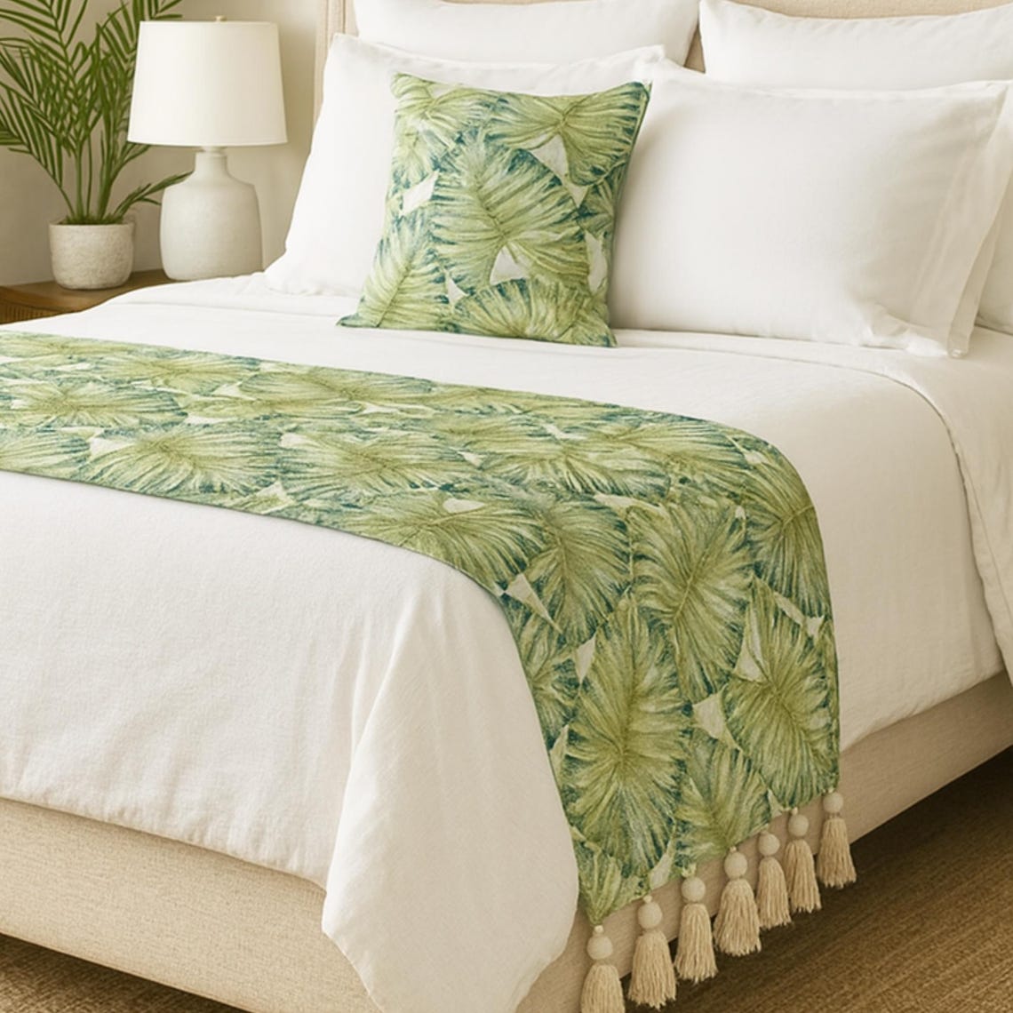 Linen Green Nature & Floral Tropical Bed Runner with Cushion Cover-Tropical Feeling