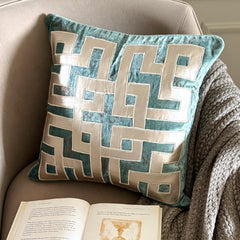 Greek Maze Velvet Teal Blue Throw Cushion Cover