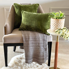 Olive Green Velvet Lumbar Cushion Cover - Green Ribbed