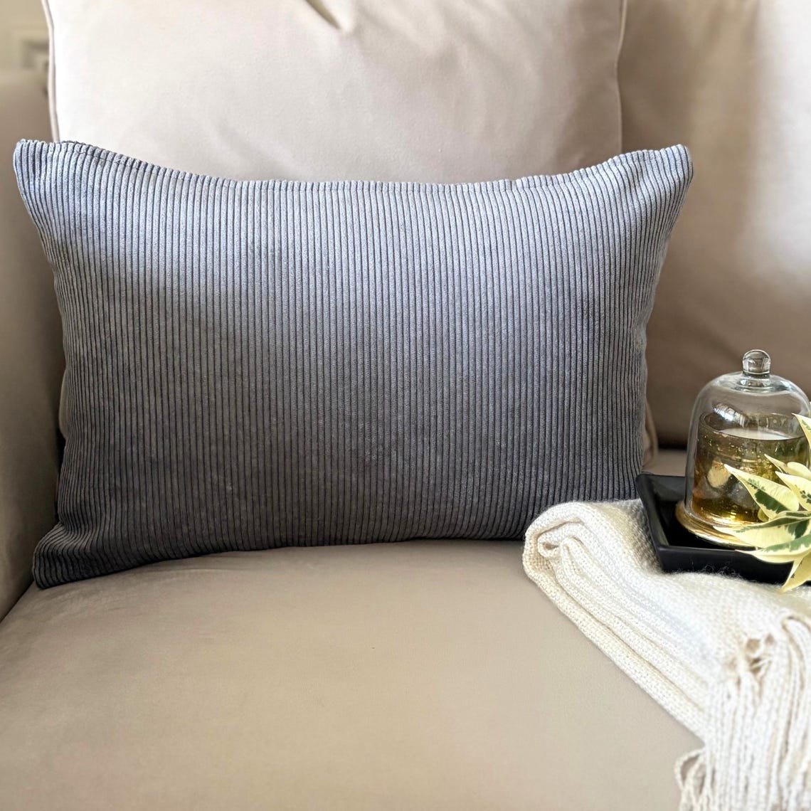 Dark Gray Grooved Lumbar Cushion Cover