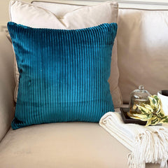 Petrol Blue Velvet Throw Cushion Cover - Petrol Blue Lines