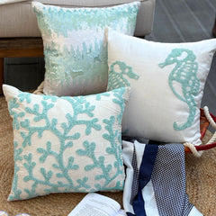 Sea Horse Aqua - White Art Silk Throw Pillow Cover