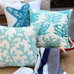 Caribbean Coast - Blue Cotton Linen Throw Cushion Cover