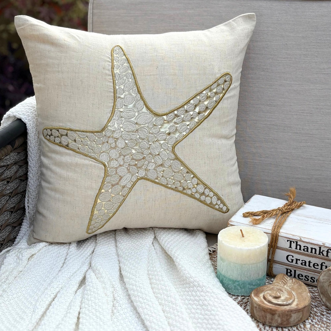 Gold Scaly Starfish - Natural Beige Cotton Linen Decorative Euro Sham