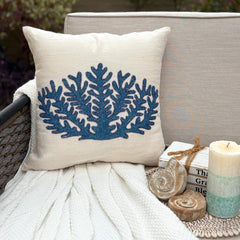 Blue Coral Treasure - White Linen Throw Cushion Cover