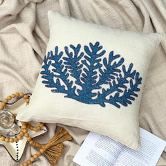 Blue Coral Treasure - White Linen Throw Cushion Cover