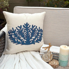 Blue Coral Treasure - White Linen Throw Cushion Cover