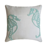 Sea Horse Aqua - White Art Silk Throw Pillow Cover