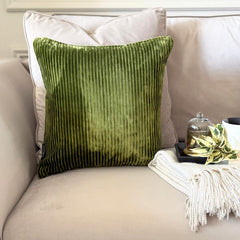 Green Velvet Throw Cushion Cover - Green Lines