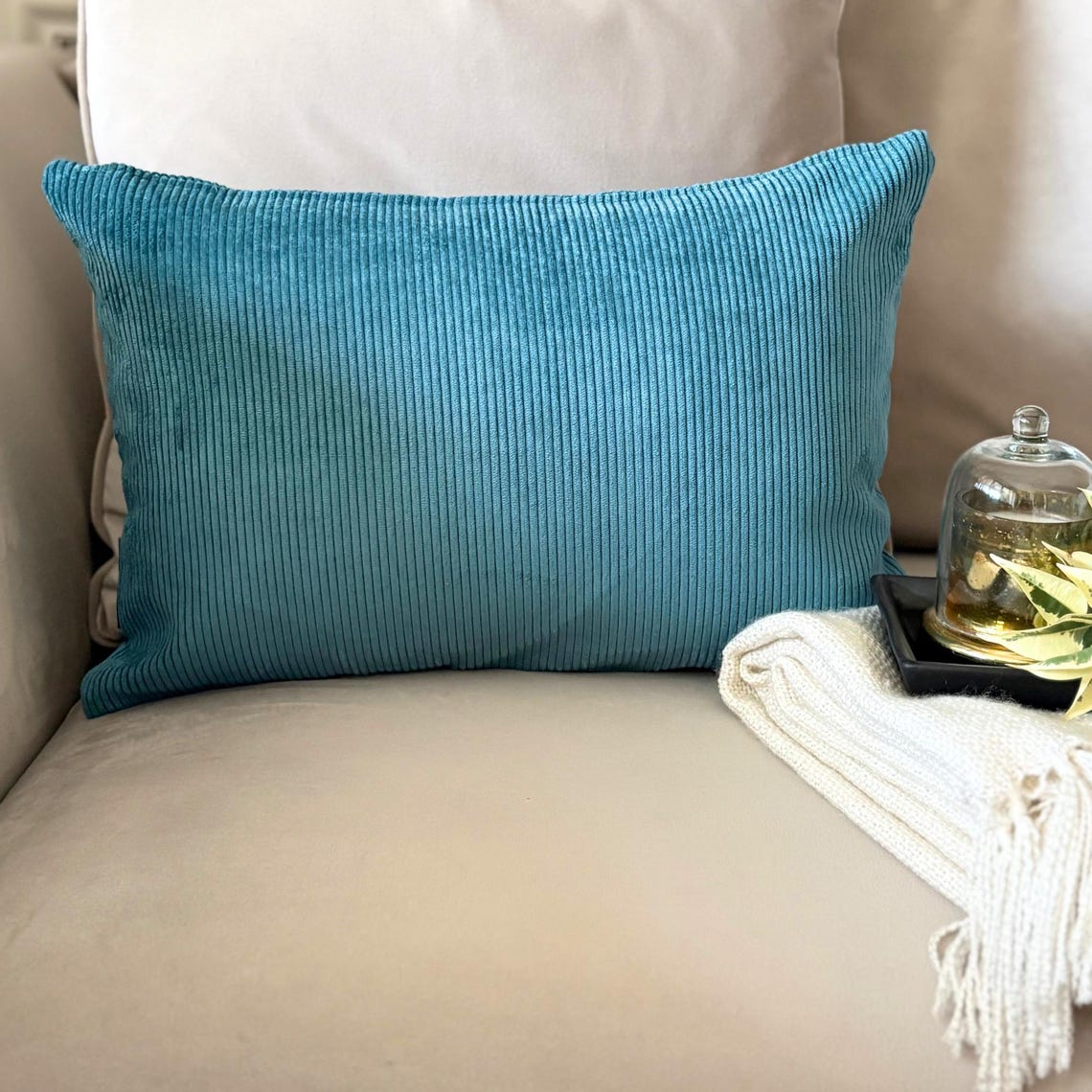Teal Blue Grooved Lumbar Cushion Cover
