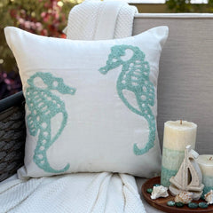 Sea Horse Aqua - White Art Silk Throw Pillow Cover