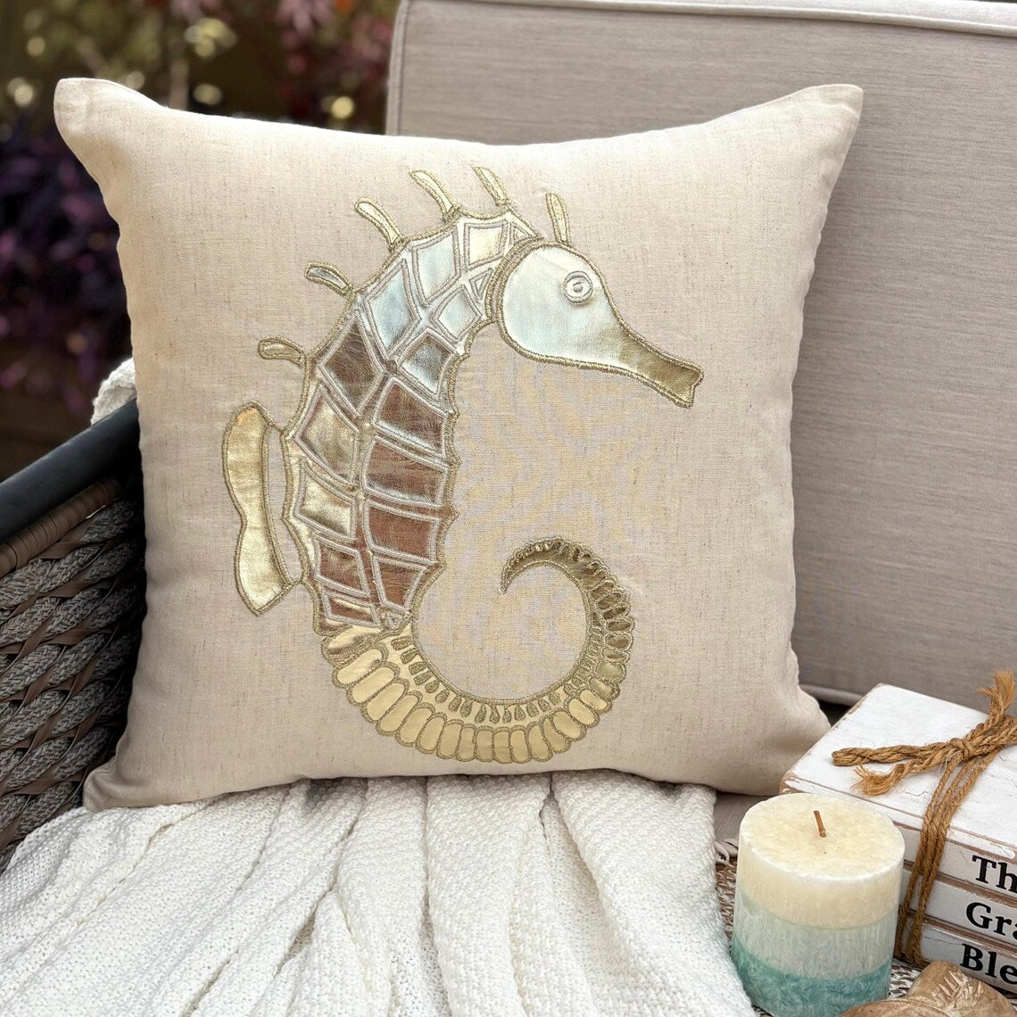 Gold Sea Horse - Natural Beige Cotton Linen Decorative Euro Sham