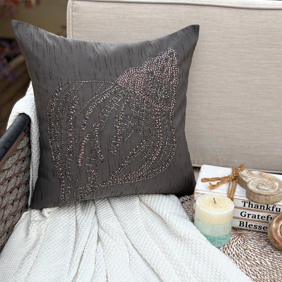 Night Sea Shell Gray Silk Throw Pillow Cover