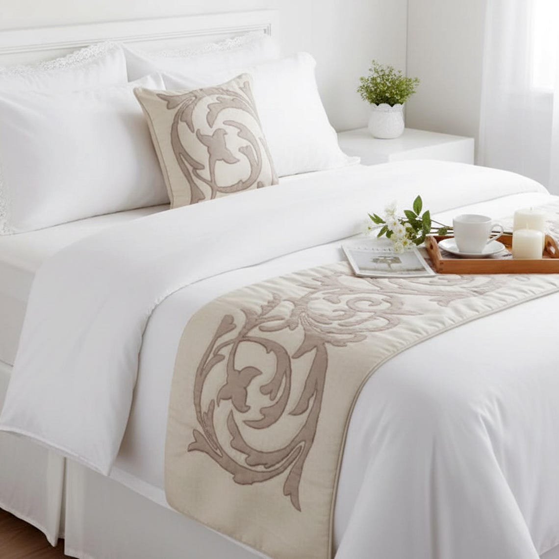 Ivory & Beige Linen Decorative Bed Runner and Cushion Cover, Pretty Dainty
