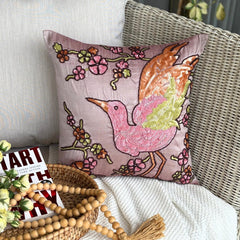 Colorful Birdy - Pink Art Silk Throw Pillow Cover