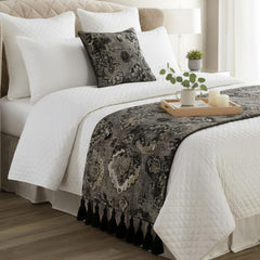 Black & Grey Velvet Decorative Bed Runner and Cushion Cover, Paved Damask