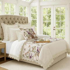 Peacock Queen - Cotton Printed with Beads Ivory & Multicolor Decorative Bed Runner and Cushion Cover