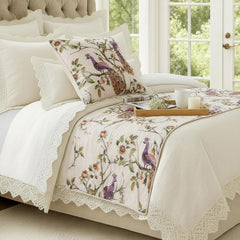 Peacock Queen - Cotton Printed with Beads Ivory & Multicolor Decorative Bed Runner and Cushion Cover