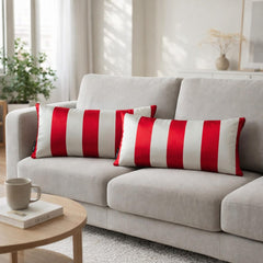 Red Satin Lumbar Cushion Cover Pack of 2 - Red Stripe Delight