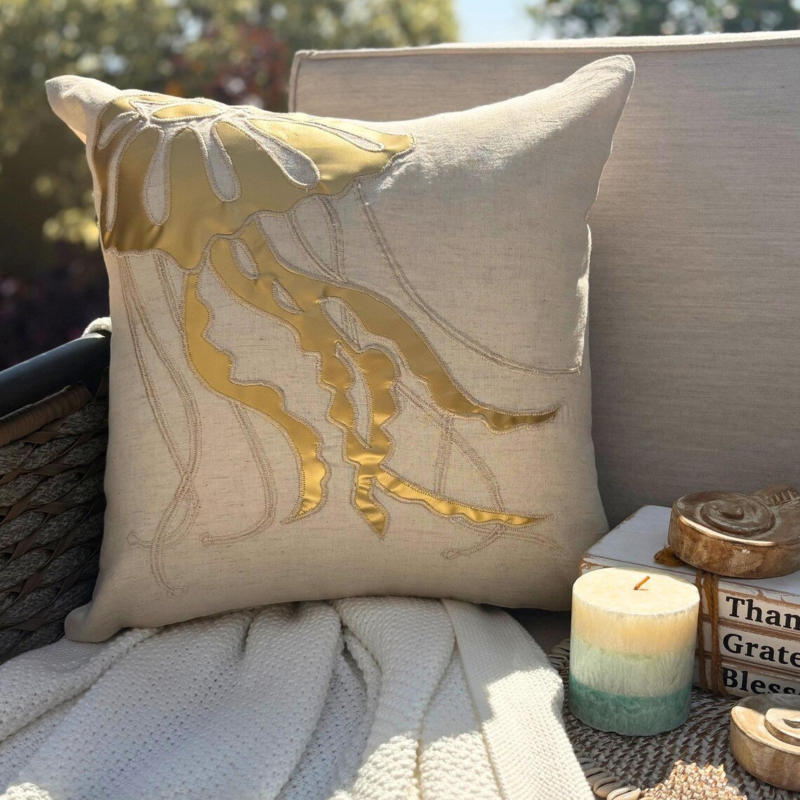 Gold Jellyfish - Natural Beige Cotton Linen Decorative Euro Sham