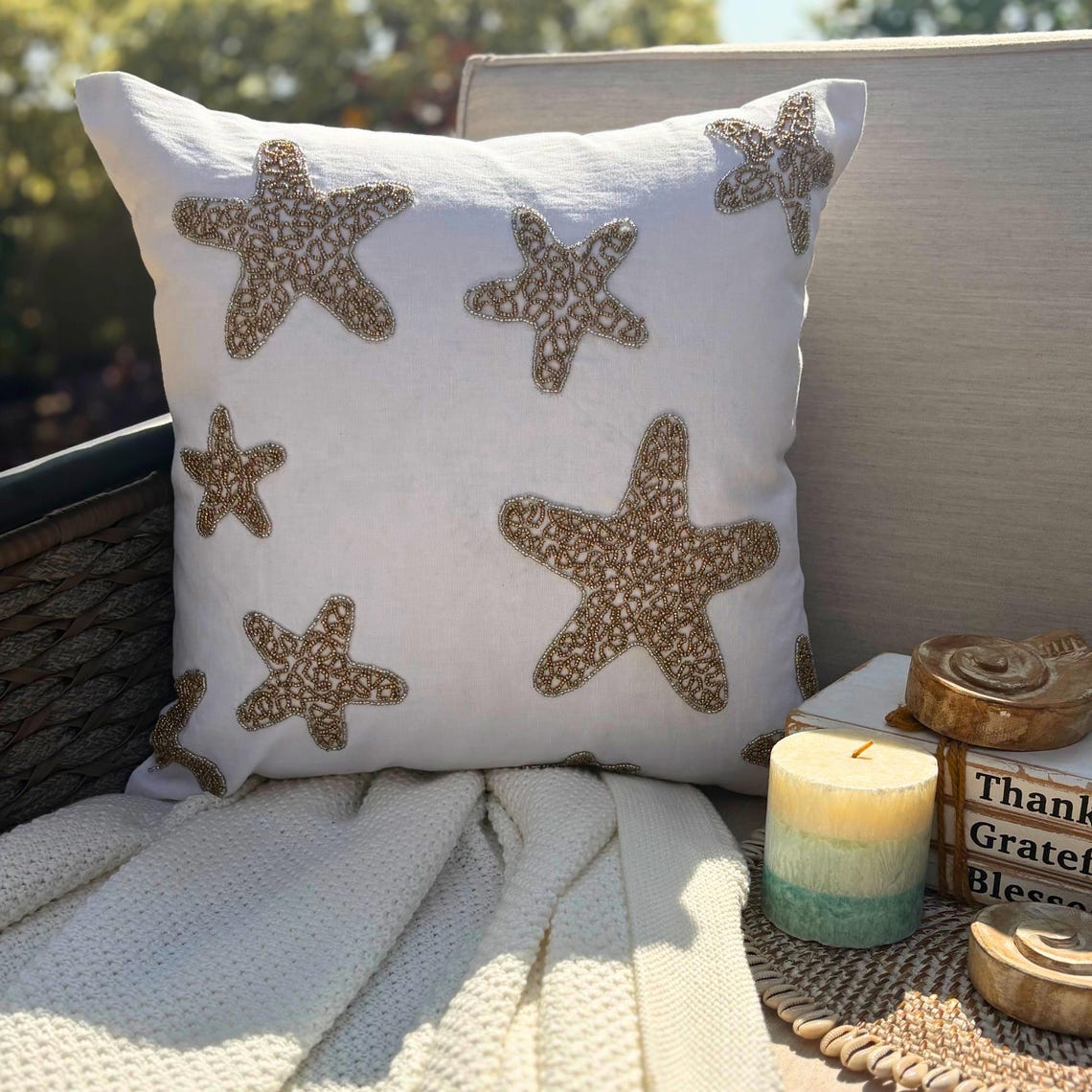 Gold Starfish - Ivory Cotton Linen Throw Cushion Cover