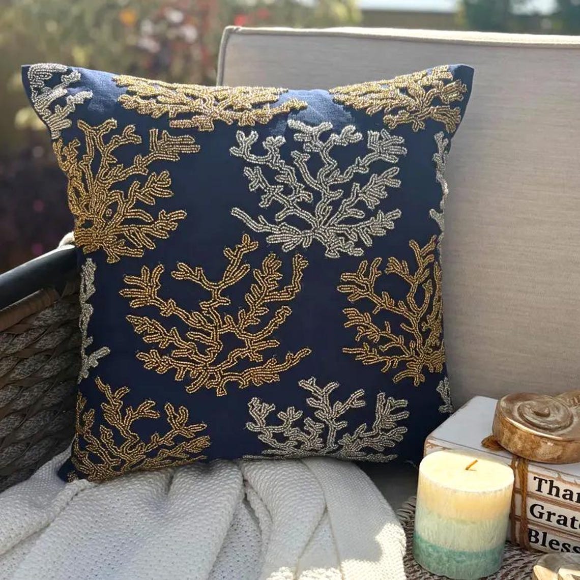 Sea Weeds Swim - Navy Blue Cotton Linen Decorative Euro Sham